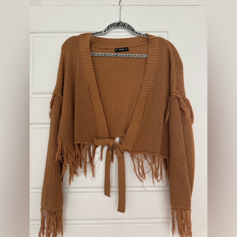 SHEIN Brown Cardigan with Fringe Detailing